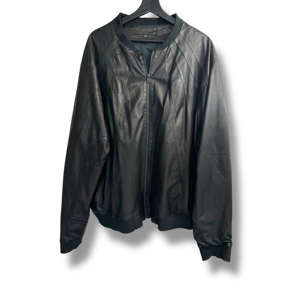 Skingraft Mens Black 100% Leather Paneled Bomber Jacket XXL Full Zip Heavyweight